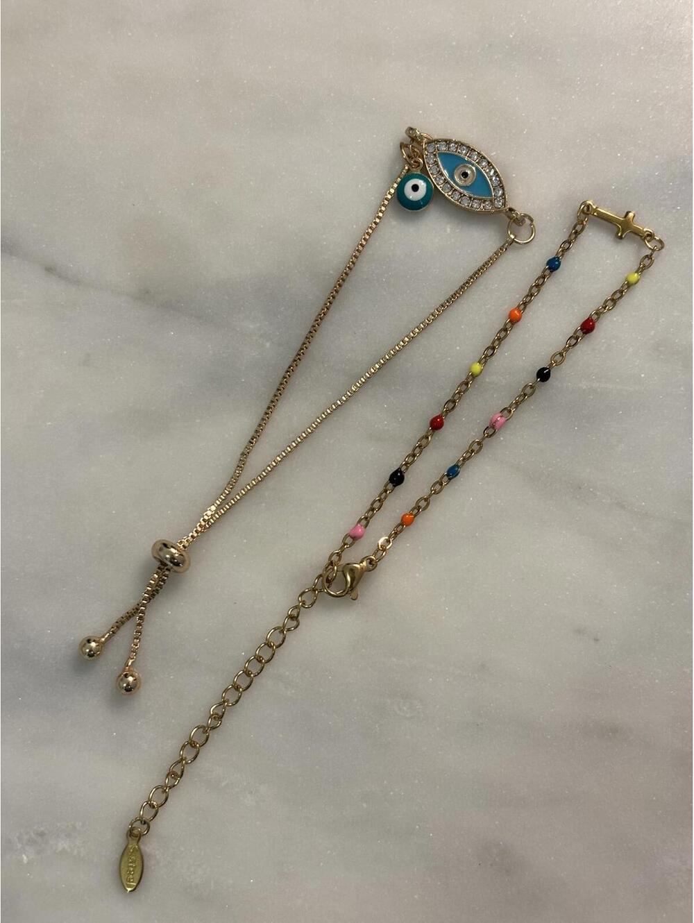 Evil Eye Charm Gold Tone Adjustable Bracelet with Multicolor Beads
